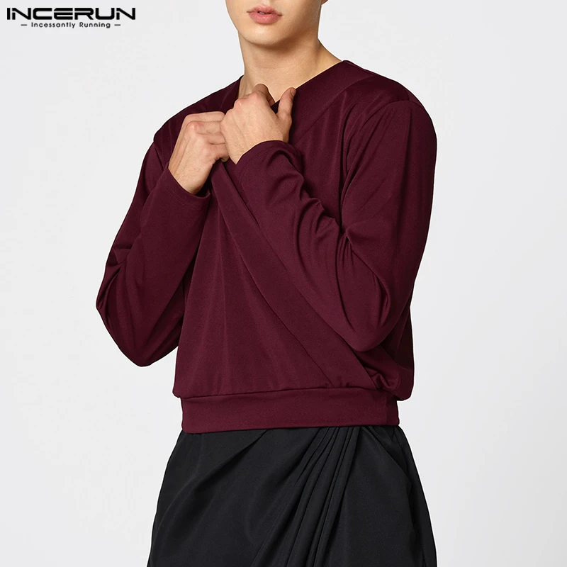 Stylish Casual Style Tops INCERUN 2026 New Men Shirts Handsome Male Shirt Solid Color V-neck Long Sleeve Blouse S-5XL Streetwear