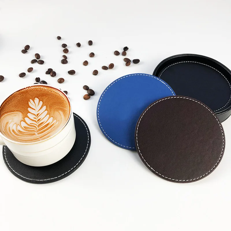 1pc Faux Leather Coaster  Waterproof Heat Resistant Round Cup Coaster Tea Coffee Mug Table Cup Mat Pad Household  Table Coaster