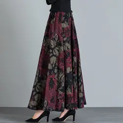 Autumn Women Clothing New Pocket Skirt High Waist Vintage Floral Printing Elastic Waist Chinese Style Luxury Paisley Midi Skirts