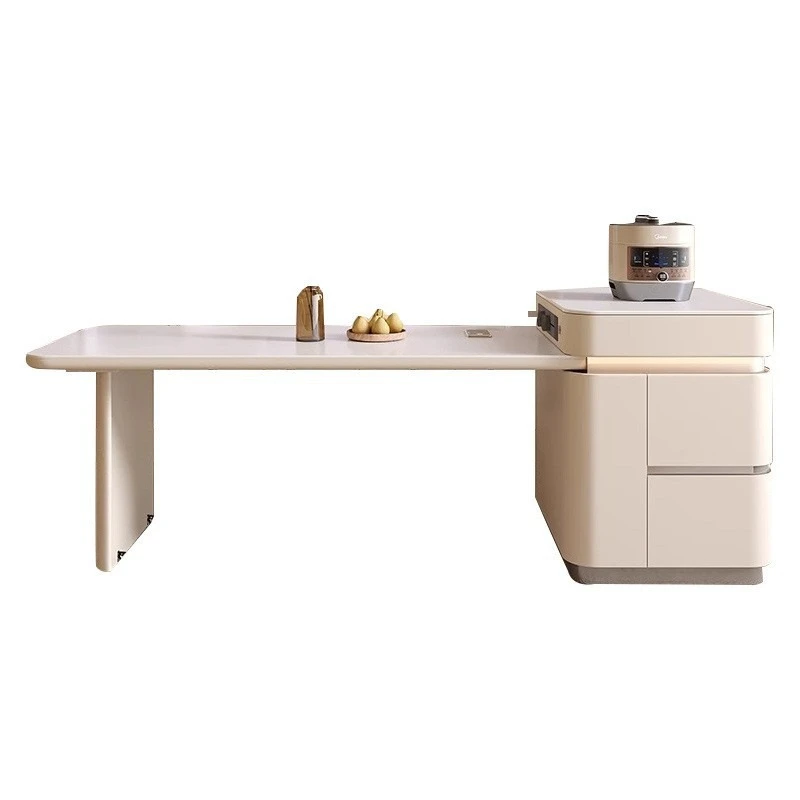 

Cream wind rock slab dining table integrated retractable storage island table