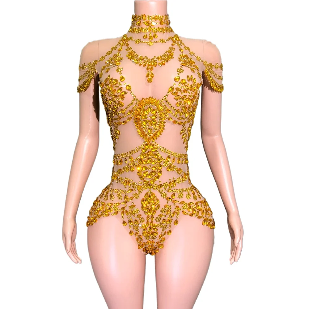 

Блестящий золотой боди со стразами для женщин, сексуальный сетчатый прозрачный купальник, танцевальный костюм для выступлений, певица, танцовщица, сценическая одежда