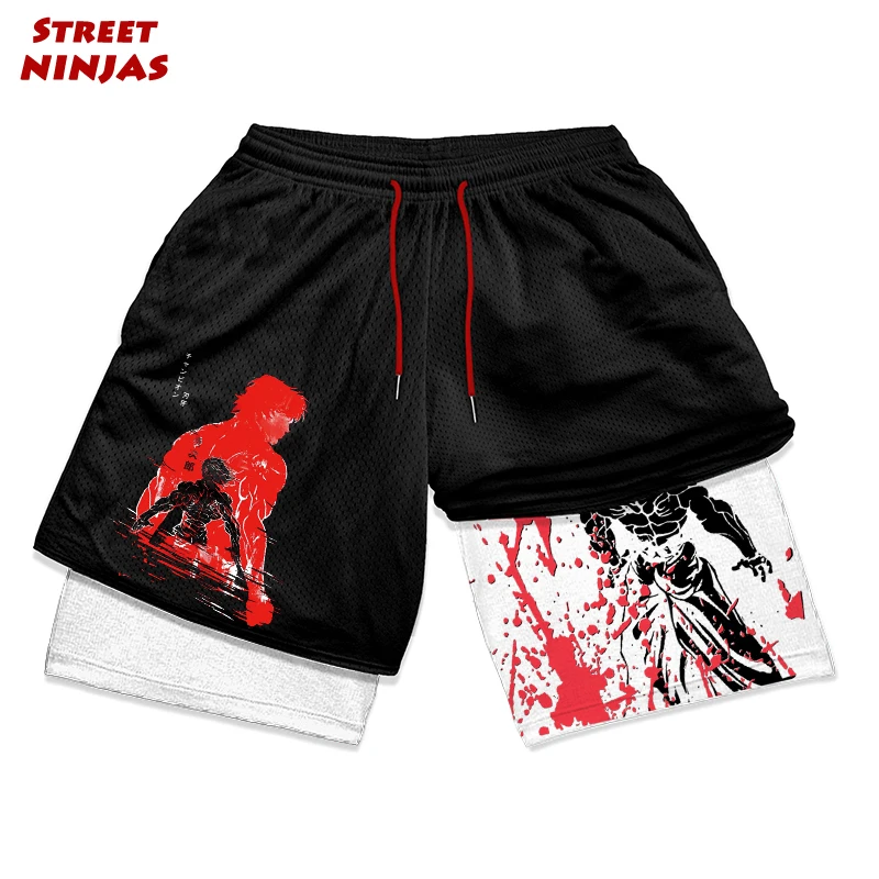 Anime Manga Baki Hanma Gym Workout Shorts for Men Athletic Quick Dry 2 in 1 Compression Shorts with Pockets Activewear Running