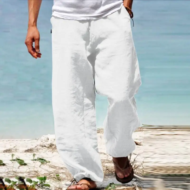 Spring and Summer Men\'s Casual Cotton Linen Elastic Waist Blend Comfortable and Soft Beach Casual Pants