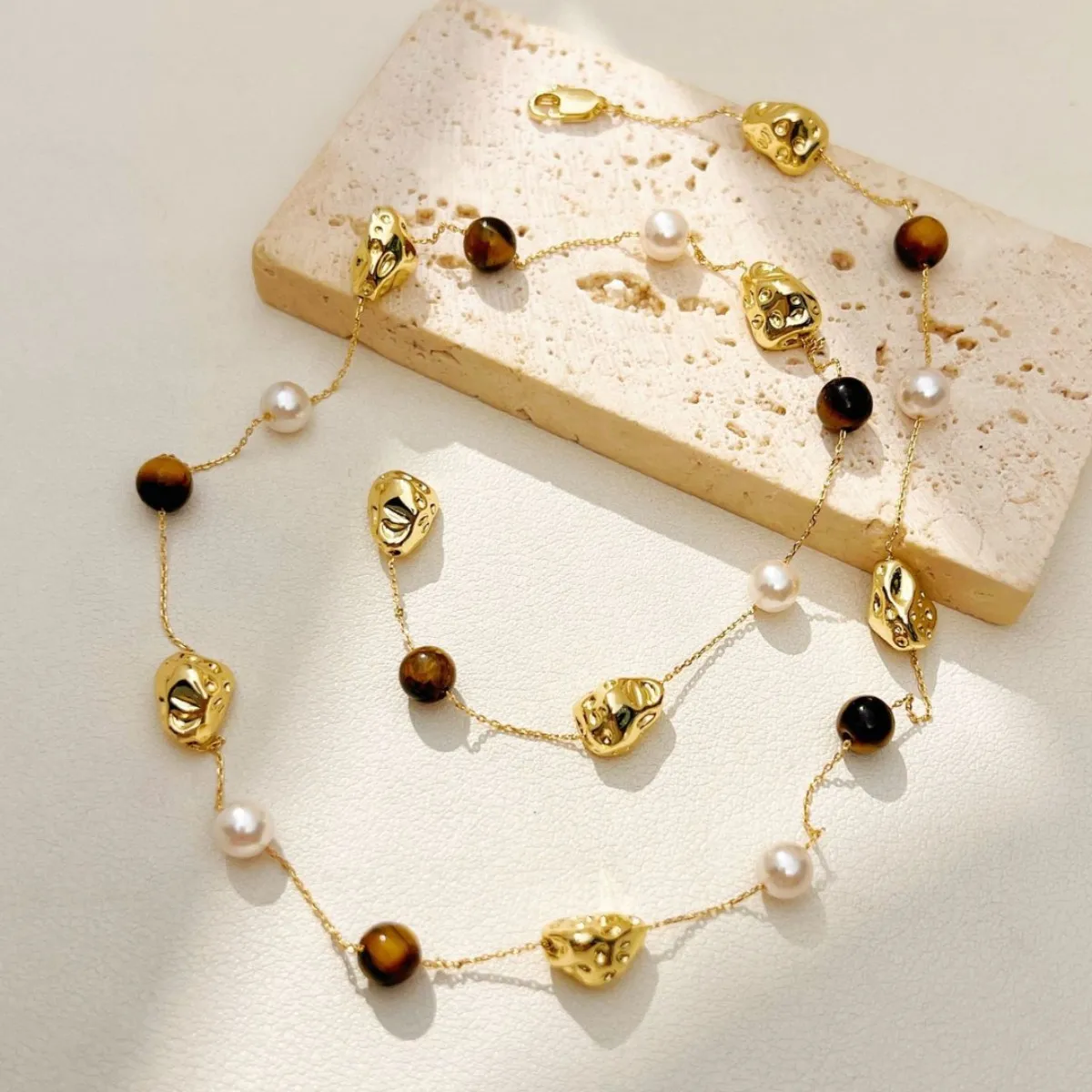 

Designer retro artistic pearl tiger eye stone necklace 14K gold irregular pendant mix and match style advanced clavicle chain