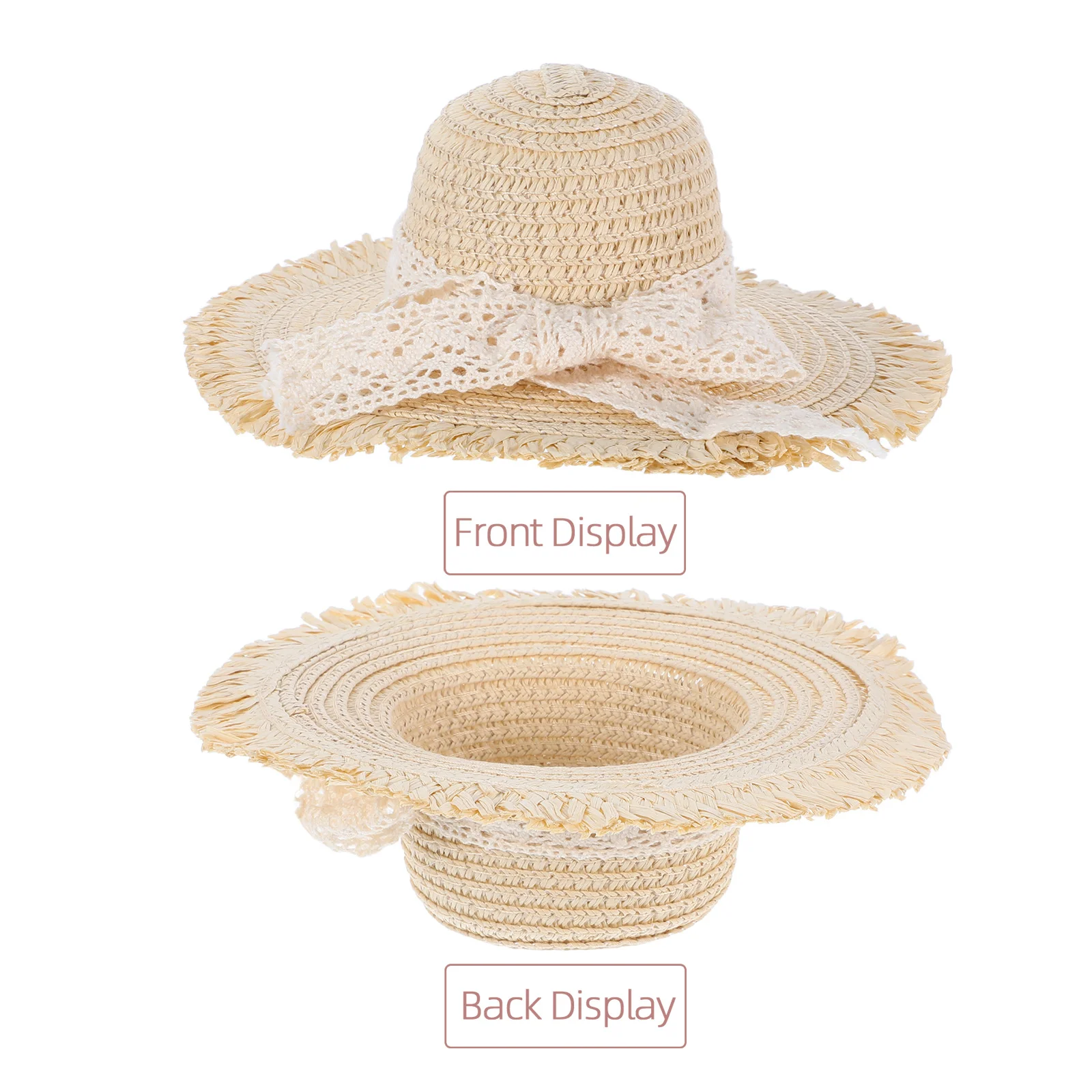 Chapeaux de soleil en paille miniatures, sangle en dentelle Beige tissée, petits chapeaux artisanaux naturels pour accessoires de maison de poupée, décoration de cadeaux de fête