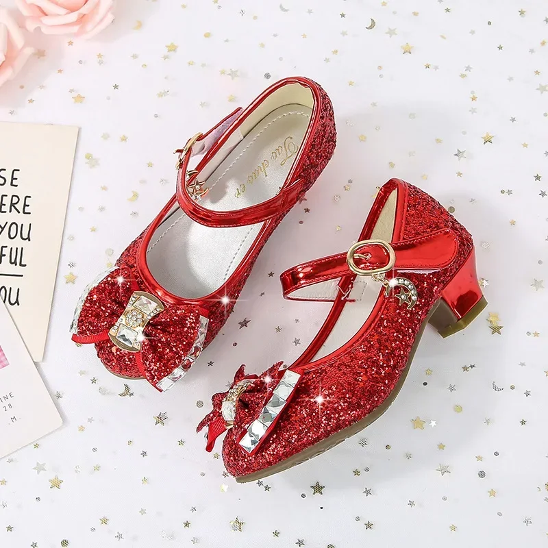 Girl Shoes Classic Bow Girl Pu Leather Shoe for Girl Party Dance Children Kids Shoe 3-14Y Princess High Heels Child Wedding Shoe