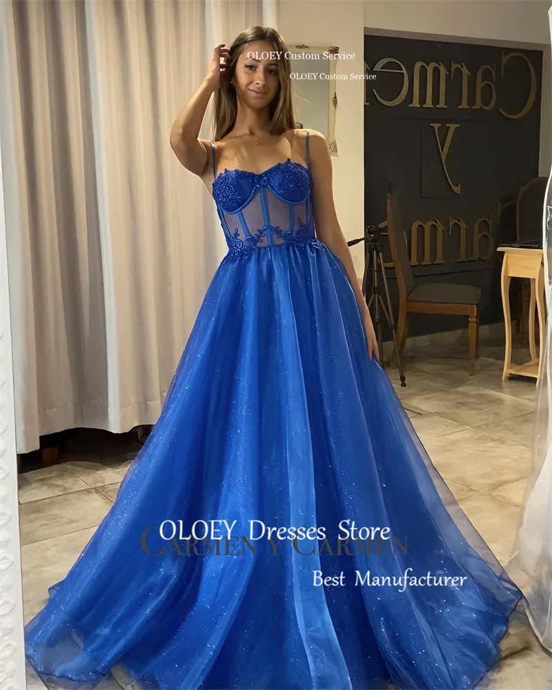 OLOEY Sparkly Royal Blue Tulle Long Prom Dresses Spaghetti Straps Sweetheart Applique Lace Evening Gowns Formal Party Dress 2023