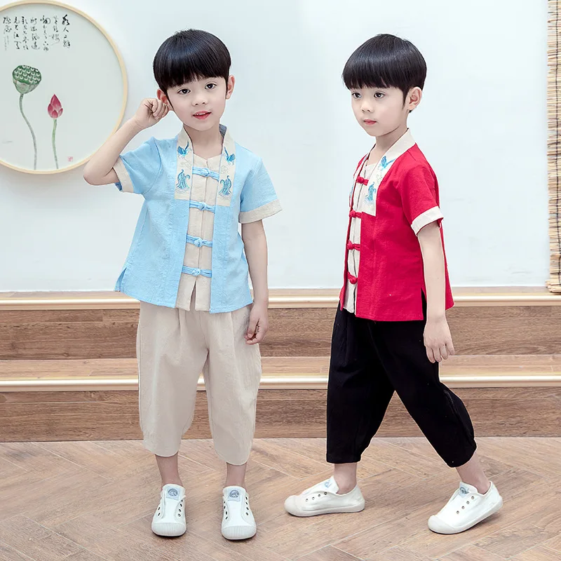 New Cotton Chinese Style Traditional Hanfu Boys Retro Red Vintage Button Embroidery Tang Suit Two Piece Set Role Play Costume