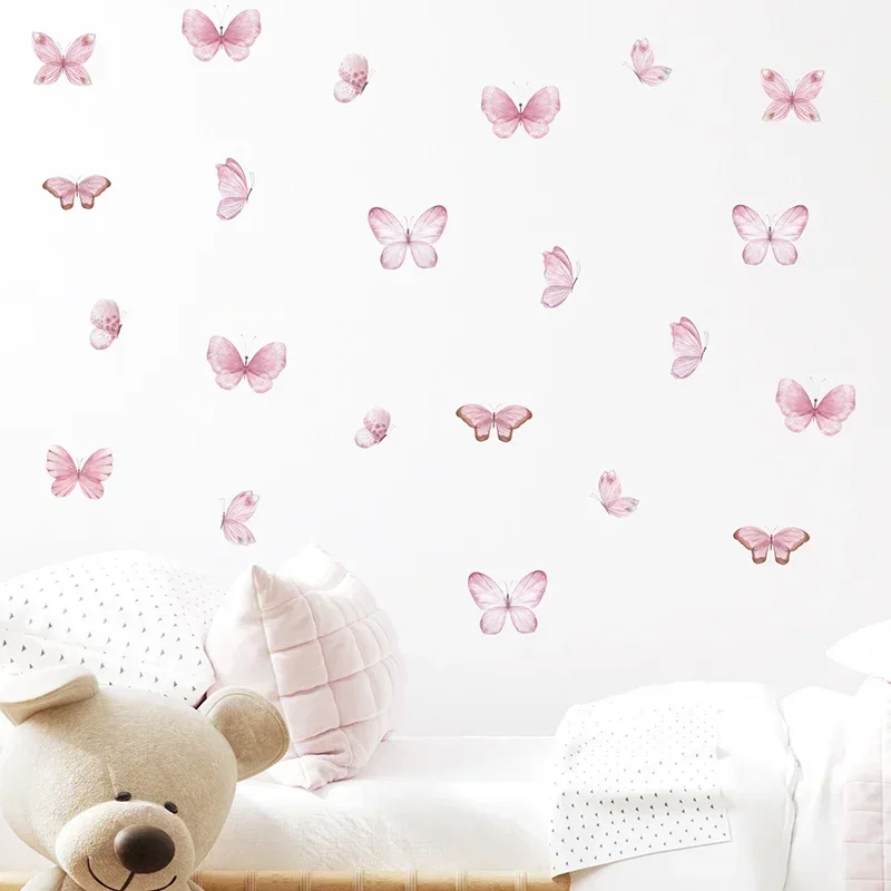 17pcs Watercolor Pink Flying Butterflies Pattern Wall Stickers for Kids Room Decoration Baby Nursery Room Wall Decals Home Decor