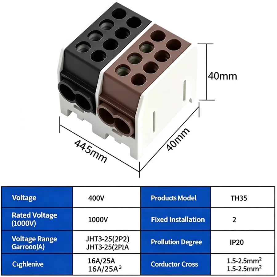 JINH Wiring Terminal Connector DIN Rail for Electrical Cabinet Distribution IP20 High Temperature Resistant and Flame JHT3-25