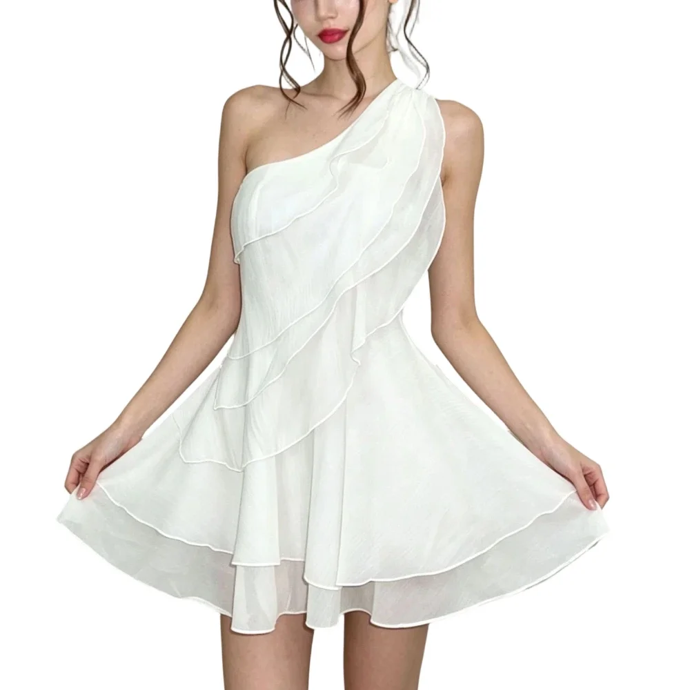 Elegantes, sexy One-Shoulder-Minikleid mit Rüschen, modisches weißes, gestuftes Partykleid für Geburtstag, Abschlussball, Hochzeitsgäste, Cocktailparty