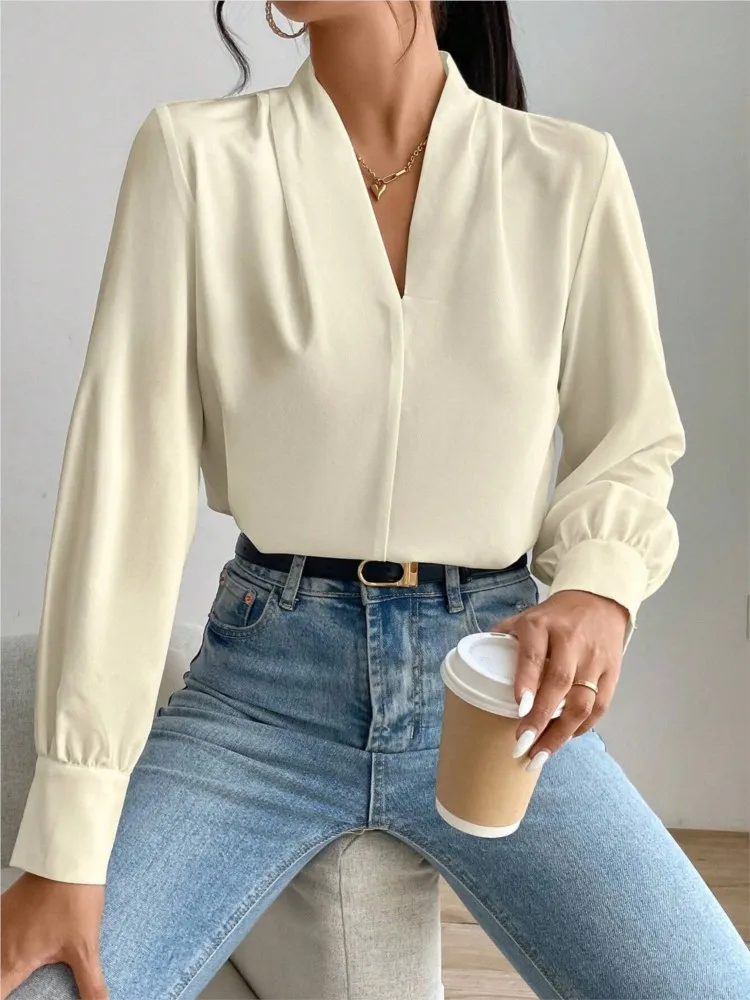 Women V-neck Shirts Fashion Tops Tunic Autumn Long Sleeve Blouses Vintage Pleating White Casual Top Streetwear Women Pullover