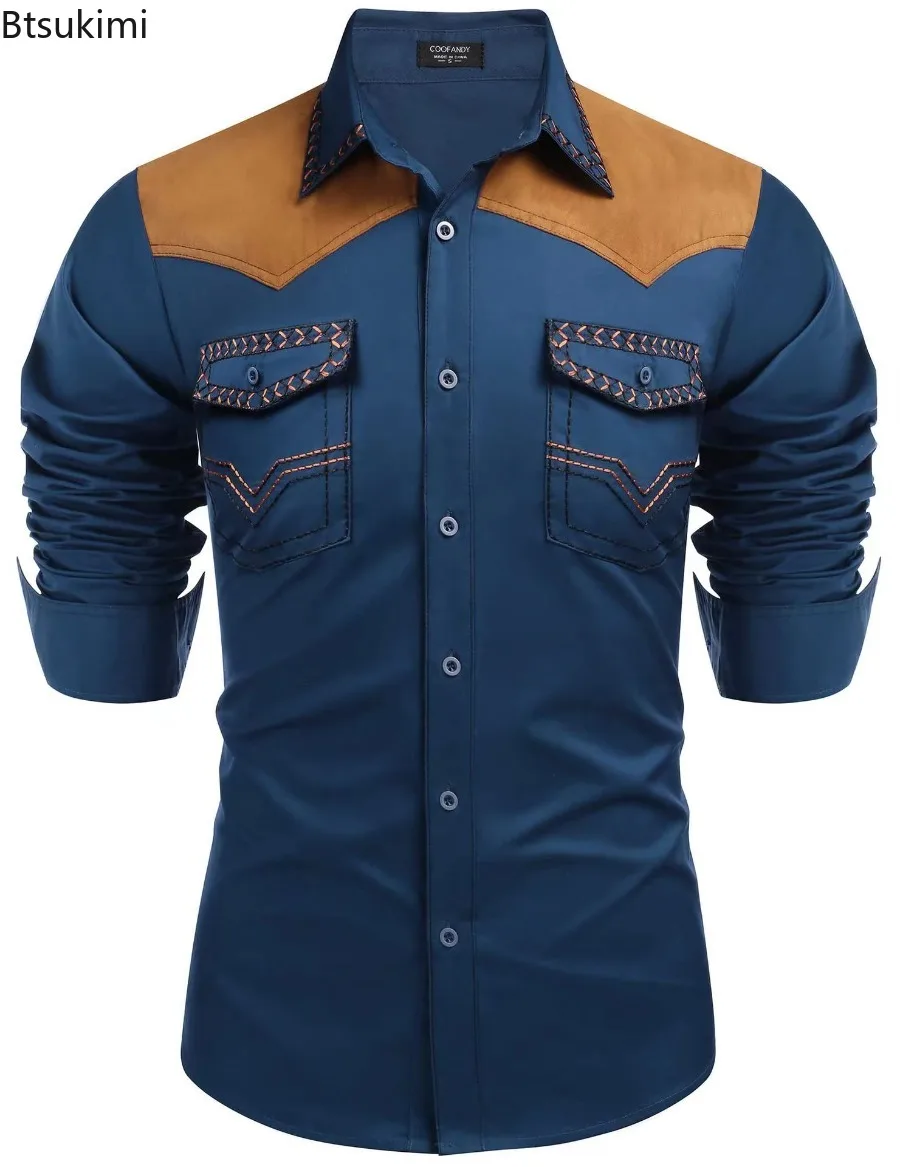 2026 Men's Spring Autumn Western Cowboy Style Shirt Tops Lapel Long Sleeve Splicing Tops Casual and Fashionable Men's Clothing