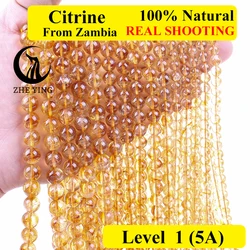 Zhe Ying 100% Zambia Citrine Natural Stone Beads for Jewelry Making Round Gemstone Diy Beads for Bracelet Necklace 15''