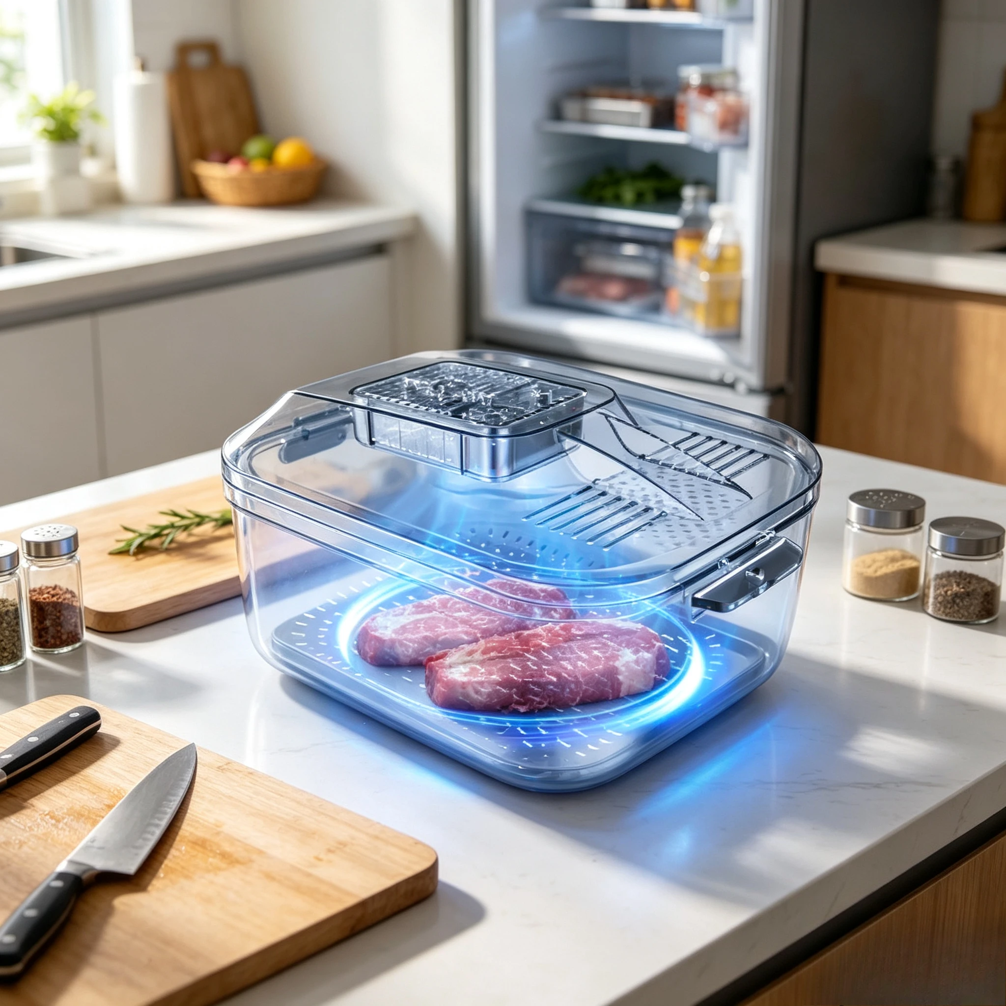 The New Four-in-One Thawing Artifact Household Kitchen Drains Blue Fish Meat to Quickly Thaw and Keep It Fresh