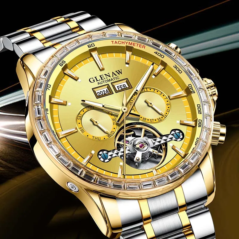 

Новинка 2025 года, дизайнерские механические часы GLENAW, мужские полые модные деловые водонепроницаемые часы лучшего бренда Montre Homme Relogio Masculino