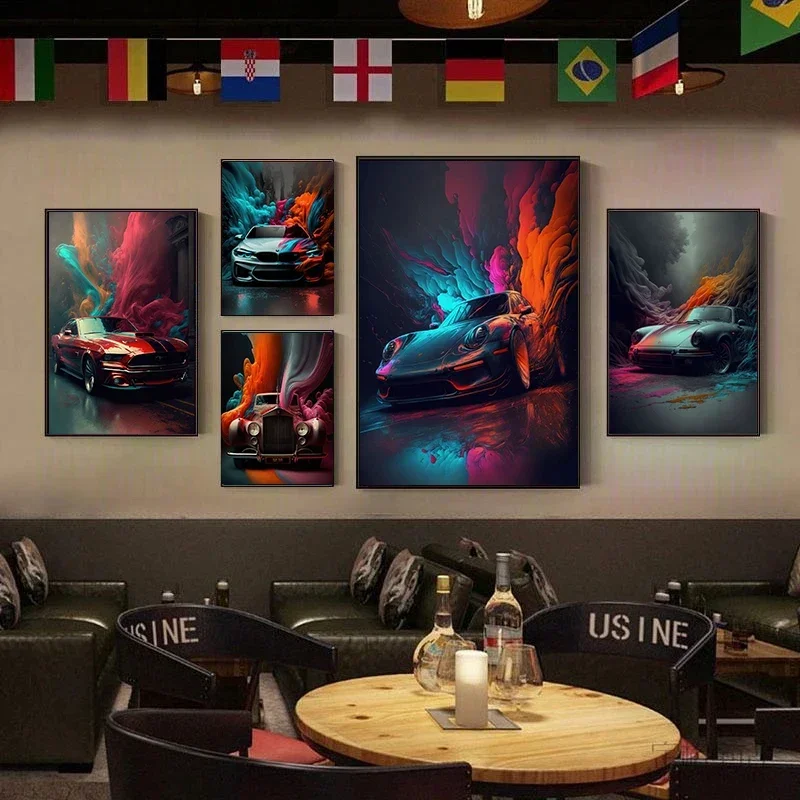 Colorful Smoke Sports Car Futuristic Art Poster Famous Cars Print Canvas Painting Home Living Room Wall Decor Pictures Cuadros