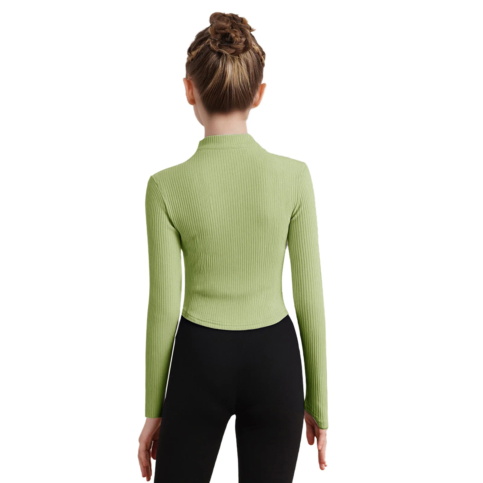 เสื้อเต้นบัลเลต์แจ๊สสำหรับเด็กผู้หญิง แขนยาว คอตั้ง มีรูสอดนิ้วโป้ง แบบสวมหัว มีซิป สีพื้น เรียบง่าย สไตล์ลำลอง