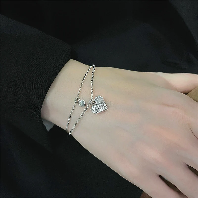 Silver Color Simple Love Heart Bracelet For Women Lucky Bead Charm Double-Deck Bracelet on Hand Punk Daily Party Jewelry Present