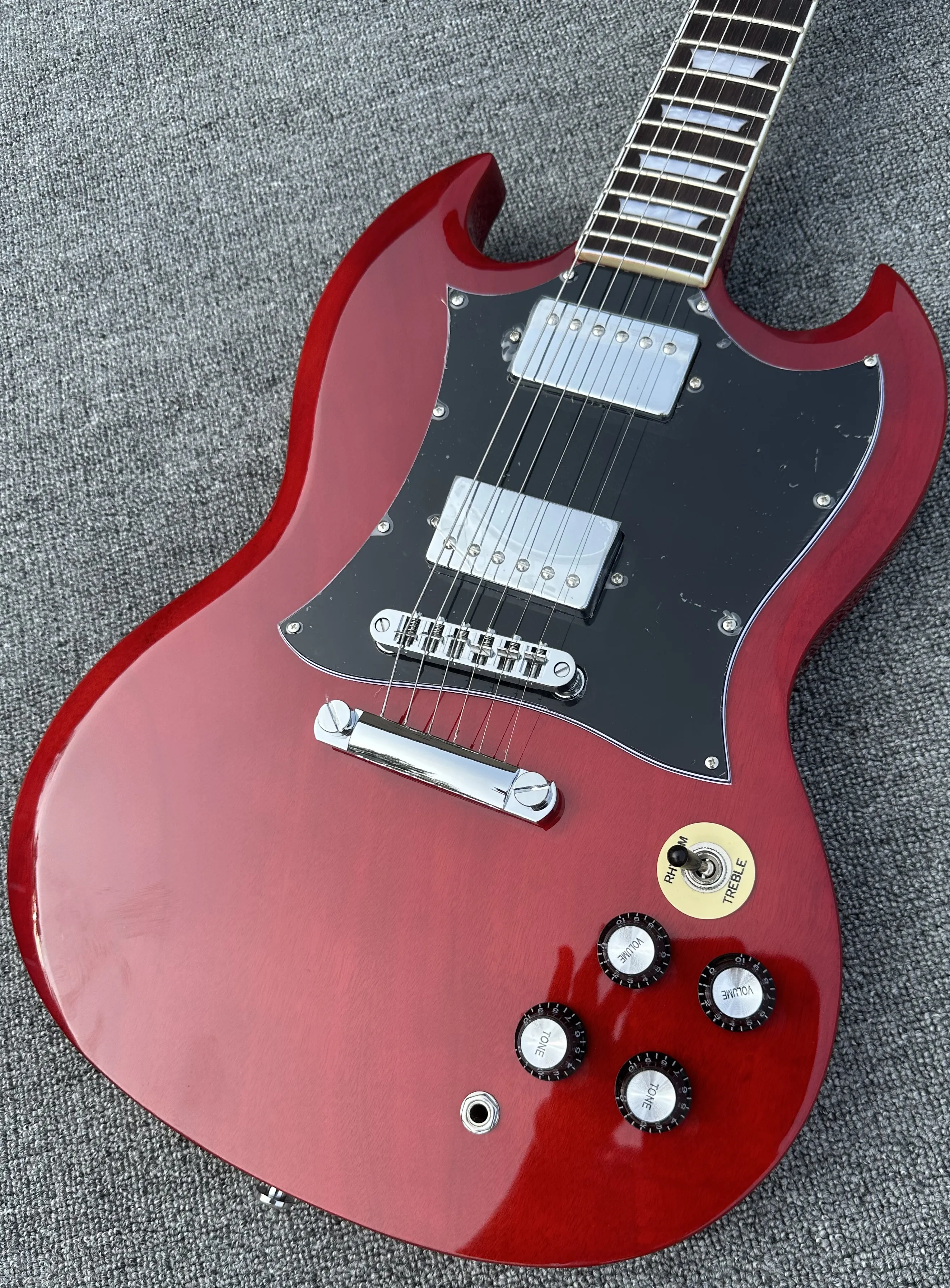 Standard electric guitar, SG, burgundy, shiny, flowerpot inlay, in stock, quick shipping