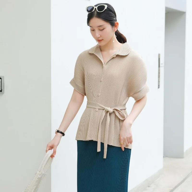 

Miyake Autumn's New High-end Pleated Women's Short Sleeved Shirt Korean Version Still Casual Elegant Lace Up Jacket T-shirt Top
