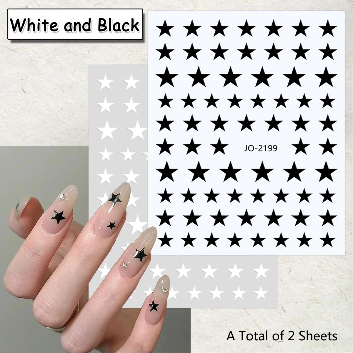 Autocollants pour ongles étoiles noires et blanches, 2 feuilles, motif étoile minimaliste, décalcomanies pour bricolage, décoration de manucure en Gel, Design d'ongles