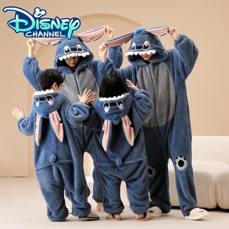 Disney Stitch Home Coral Velvet Pajamas for A Family of Three Autumn and Winter Flannel Parent-Child One-piece Home Clothes