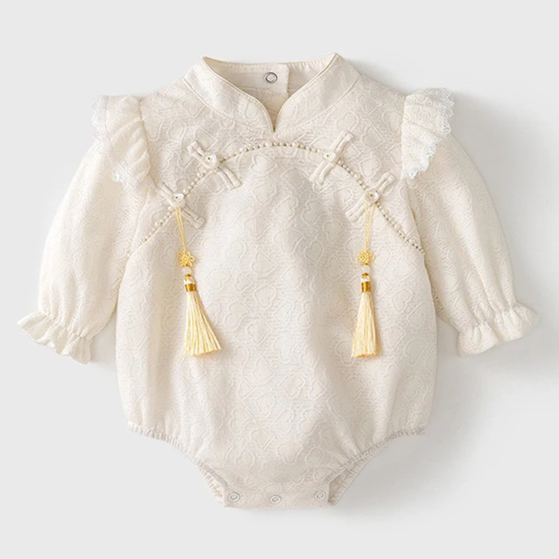 

Spring Autumn Newborn Girls Clothes Chinese Style Cute White Cotton Long Sleeve Rompers Bodysuit Baby Boutique Clothing BC048