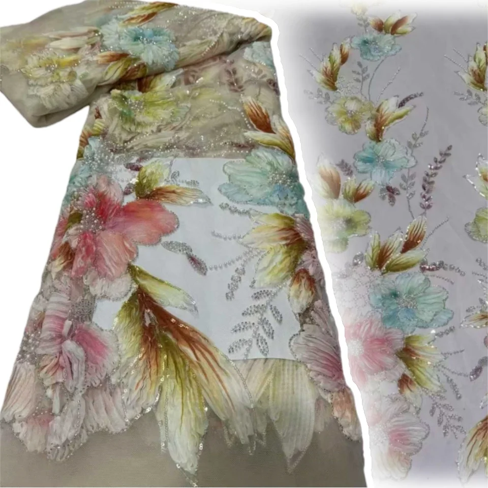African 3D Lace Fabric Premium French Sequin Embellished Tulle Lace Fabric Suitable for Party Dresses and Wedding Gowns 5Y 2162