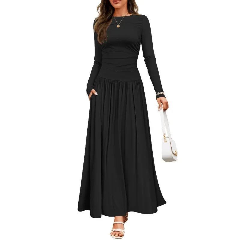 Autumn New Arrivals Women Long Sleeve Maxi Dress Comfortable Fit Ruched Detail Multi Color for Casual Everyday Wear