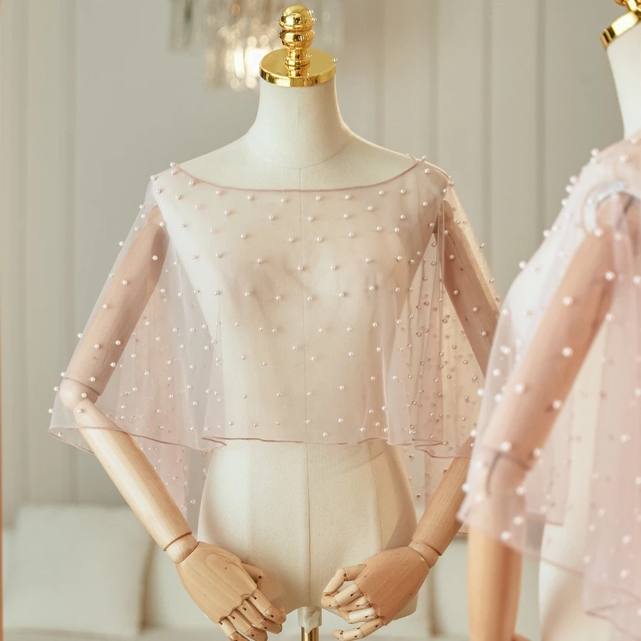 Aksesori pernikahan keluaran baru jubah pengantin Bolero jubah pengantin mutiara jubah pernikahan pendek depan belakang panjang wanita syal bungkus malam