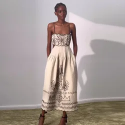 Vintage Embroidery Women Sling Dress Sexy Hollow Out Sleeveless Backless Wave Hem Lady Dresses 2024 New Summer Beach Ladies Robe
