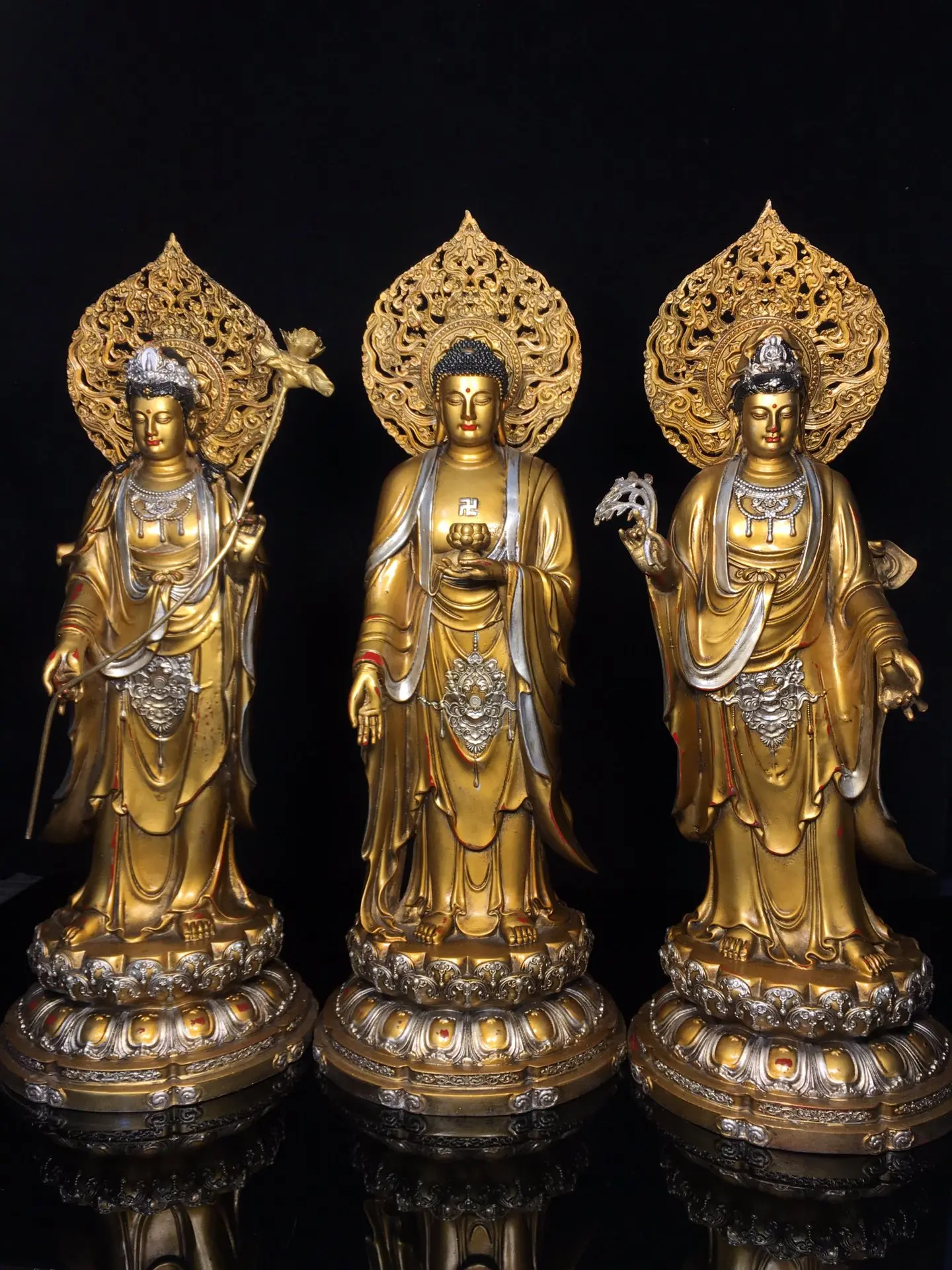 

18"Old Bronze Painted Guanyin Buddha Shakyamuni The three saints of the West Amitabha Buddha a set Worship Hall