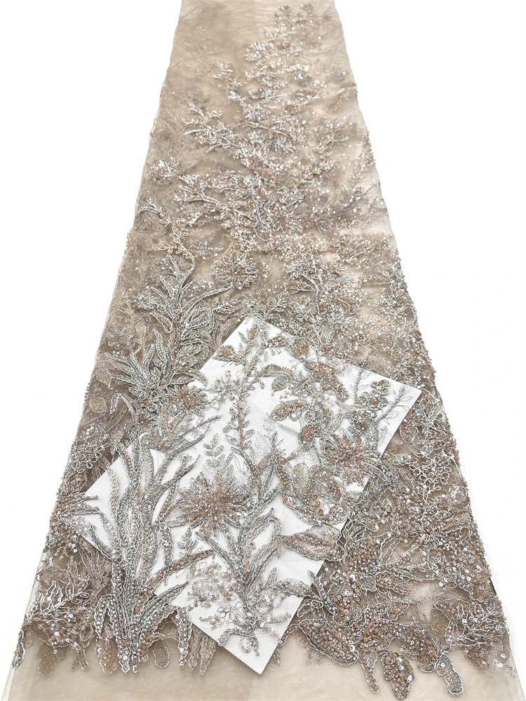 

High-End Handmade Beaded Lace Fabric, France Sequins Embroidery, 3D Beads, Nigerian Bridal Mesh Lace Fabric for Sewing