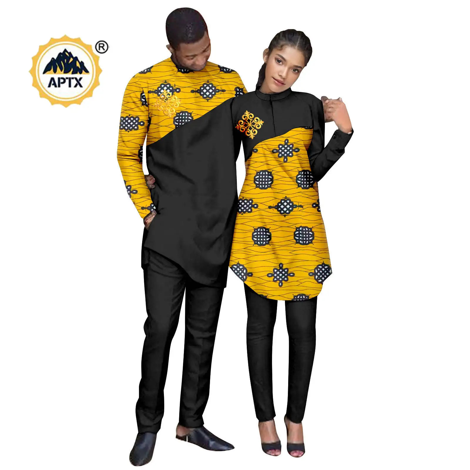 Ropa a juego para parejas africanas, conjunto de 2 piezas con apliques estampados para mujer, Top y pantalón Dashiki, trajes para hombre, boda Bazin Riche 24C079