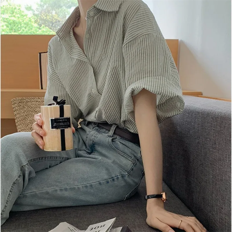 Summer 2024 New Striped Short Sleeve T-shirt Blouse Women\'s Loose Niche Grey Shirt Chic Top Women\'s Clothing Camisas 여성여름옷 Y2k