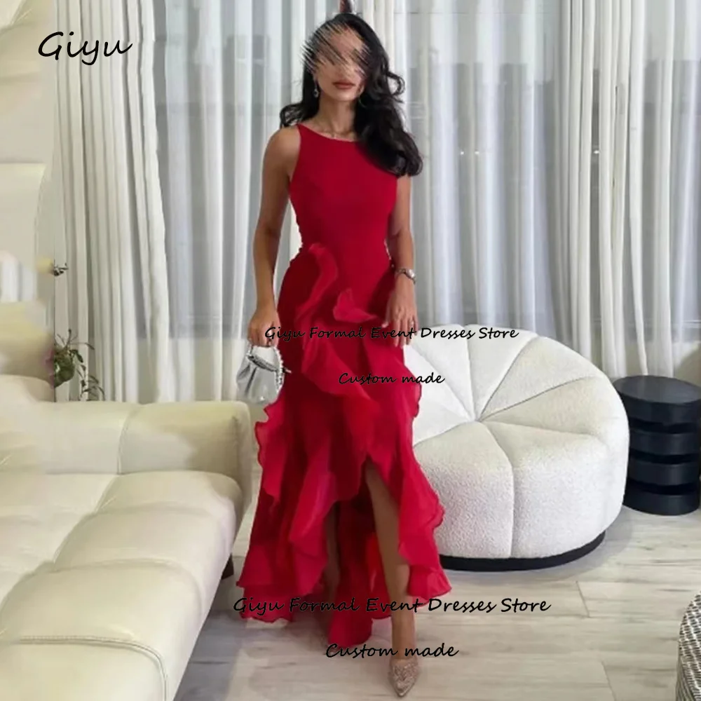 

Giyu Charming Red Pleated Spaghetti Strap Mermaid Stain Evening Dresses Sexy Backless Floor Length Prom Gown Wedding Party Dress