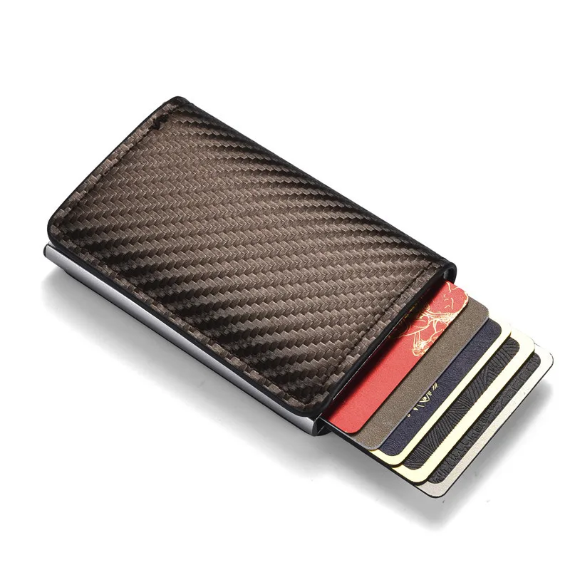 Carbon Fibre RFID Anti-theft Card Case Men's Multi-card Wallet Automatic Pop Up Card Bag Ultra Thin PU+Aluminum Alloy