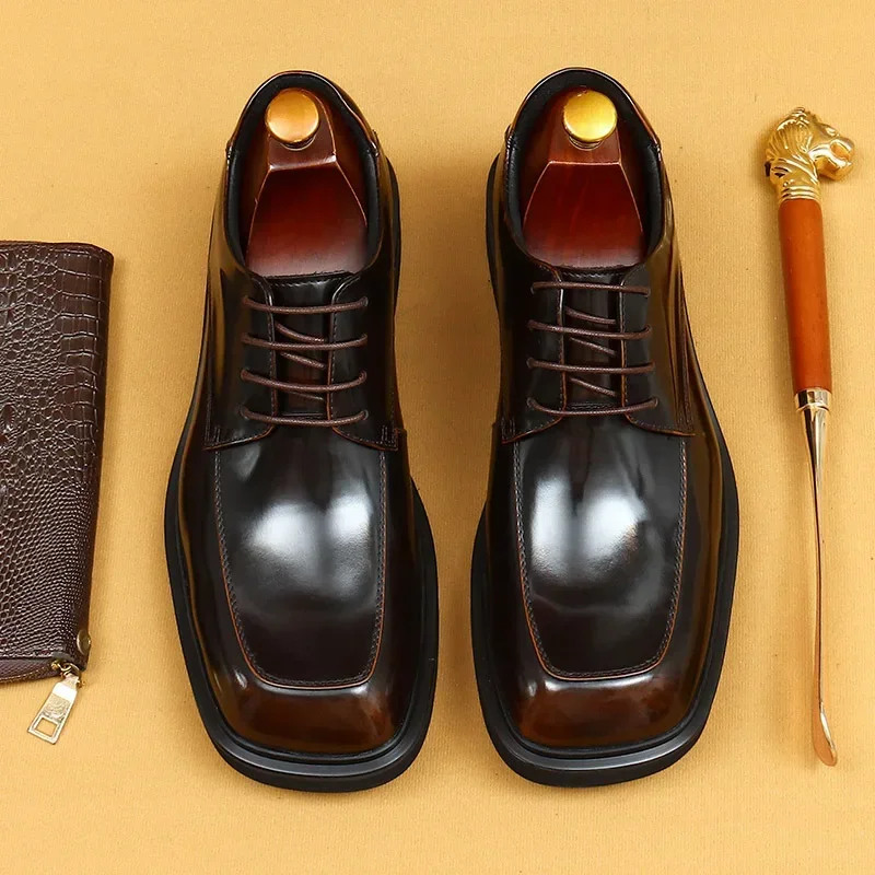 Patent Cow Leather Mens Dress Shoes Luxury Handmade Quality Genuine Leather Square Toe Elegant Wedding Social Derby Shoes Male