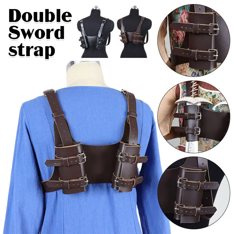 Black Brown Back Mounted Leather Dual Sword Frog Double Shoulder Harness Sheath Cosplay Costume Leather Gear