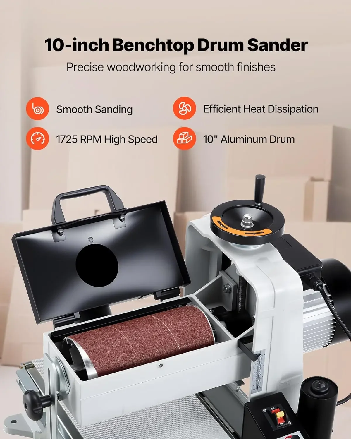 10 Benchtop Drum Sander 1HP 1725RPM Dual Motor Drum Sander for Woodworking Variable Speed Conveyor Belt 4 Dust Collection Port