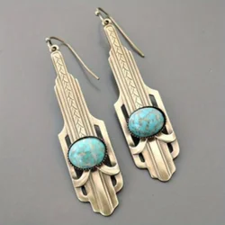 Vintage turquoise metal long pendant Boho style women's earrings festive wear gifts