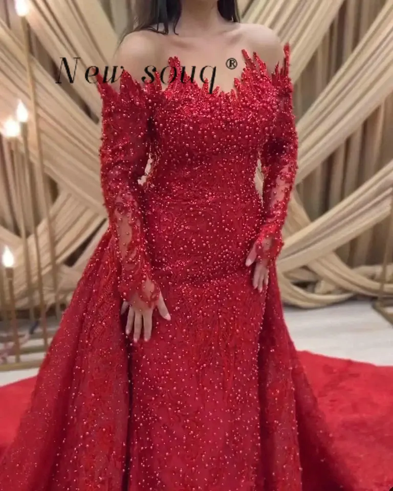 Robe de soirée sirène rouge arabe, épaules dénudées, avec traîne détachable, perles personnalisées, robes de soirée de fiançailles, grande taille
