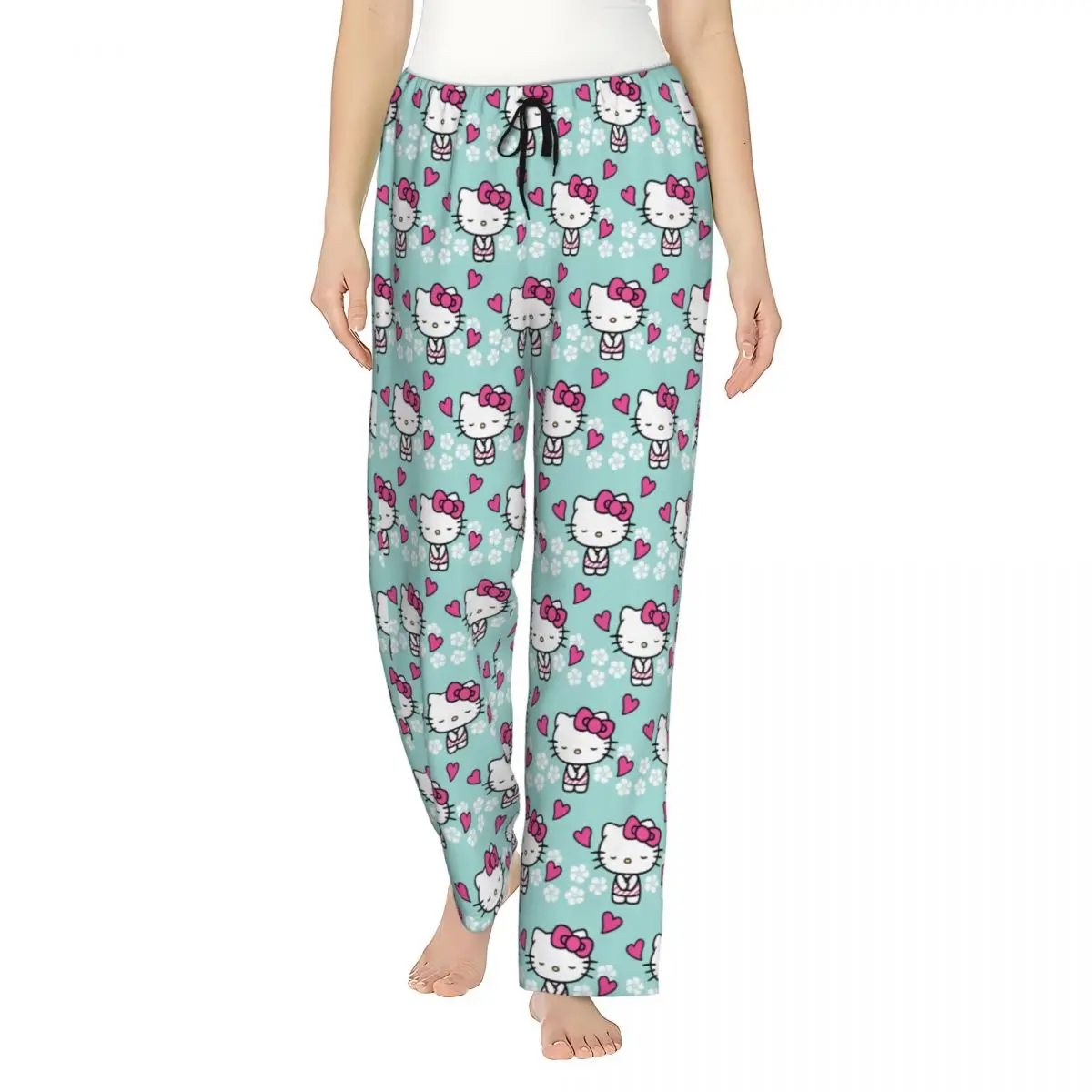 Custom Animated Anime Hello Kitty Pajama Pants for Women Lounge Sleep Drawstring Sleepwear Bottoms with Pockets