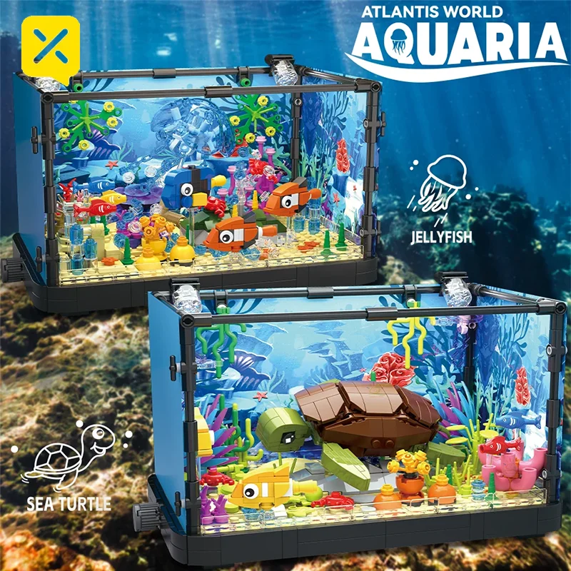 

Aquarium Building Block Set, Fish Tank Puzzle Toy with Scene Lighting, DIY Assembly Blocks Birthday Gift for Children adn Adults