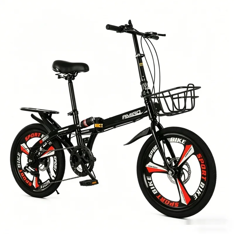 20Inch Ultra-Light Folding Bike 7 Speed Portable Adult Bicycle Commuter Student Walking Bike with Black Integrated Wheels Rear S
