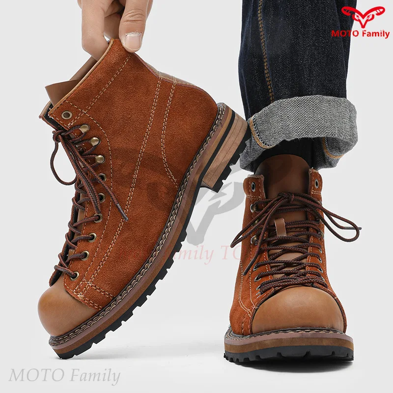 

Retro tooling boots cycling boots men's mid-help autumn and winter leather boots locomotive brown trendy shoes 20238-L