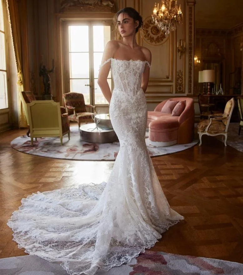 

Винтажные кружевные свадебные платья по индивидуальному заказу с открытыми плечами и скользящим шлейфом, садовые свадебные платья русалки 2026 Robe De Mariée