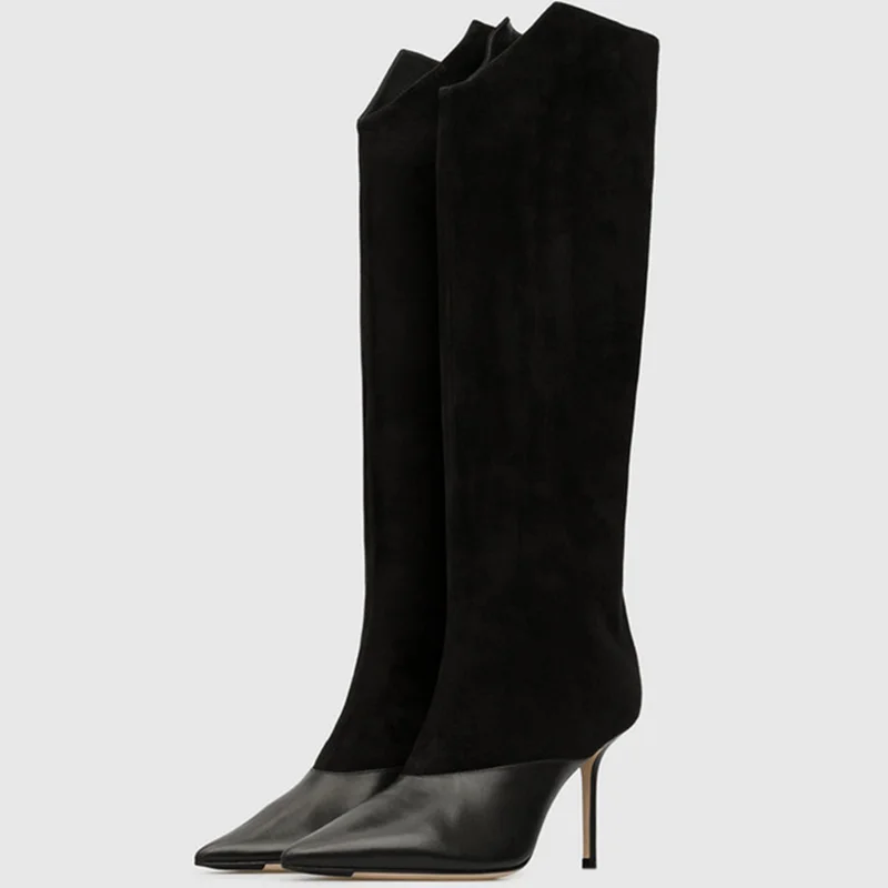 

Leather Suede Pachowrok Sewing Knee High Boots Sexy Pointed Toe Thin Heel New Arrivlas Fashion Women Modern Boots