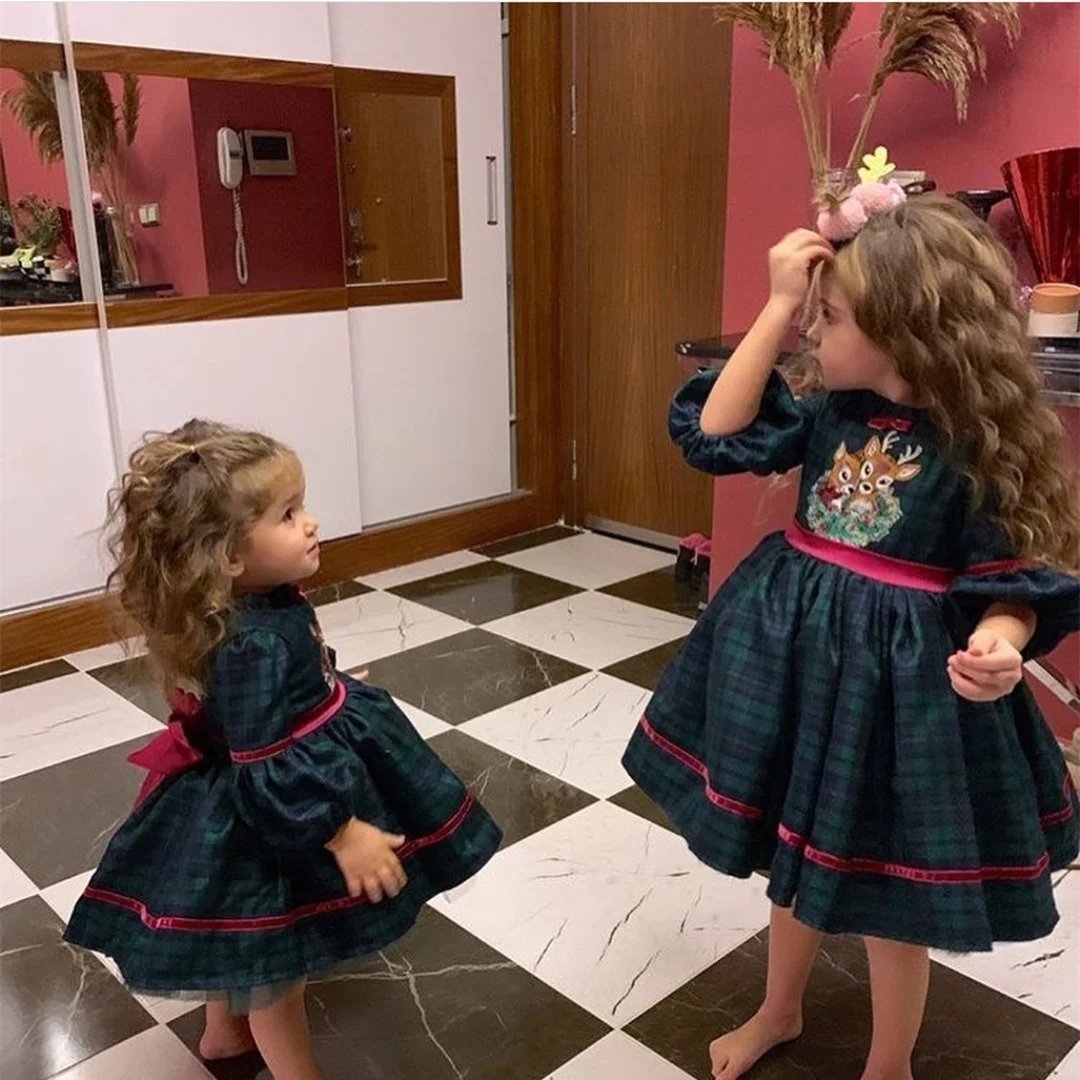 0-12Y Baby Girl Autumn Winter Green Plaid Deer Embroidery Vintage Spanish Princess Ball Gown Dress for Eid Causal